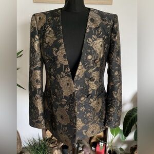 Zara gold and black double breasted collarless jacquard blazer